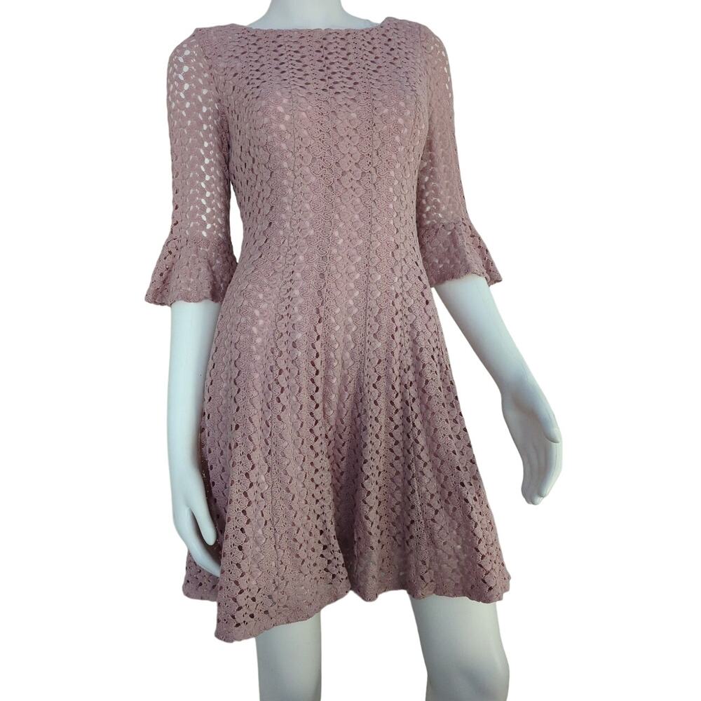 Rabbit Rabbit Rabbit Designs Crochet Overlay Dusty Pink Dress 3/4 Slv Fit Size S